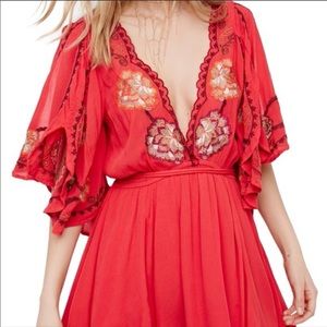 Free People Cora Coral Red Embroidered Dress